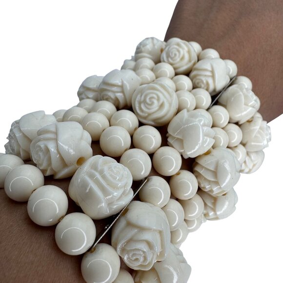 Ivory Rose‎ Beaded Stretch Stacking Bracelets Set Of 3 (9 Rows Total) - Picture 2 of 6